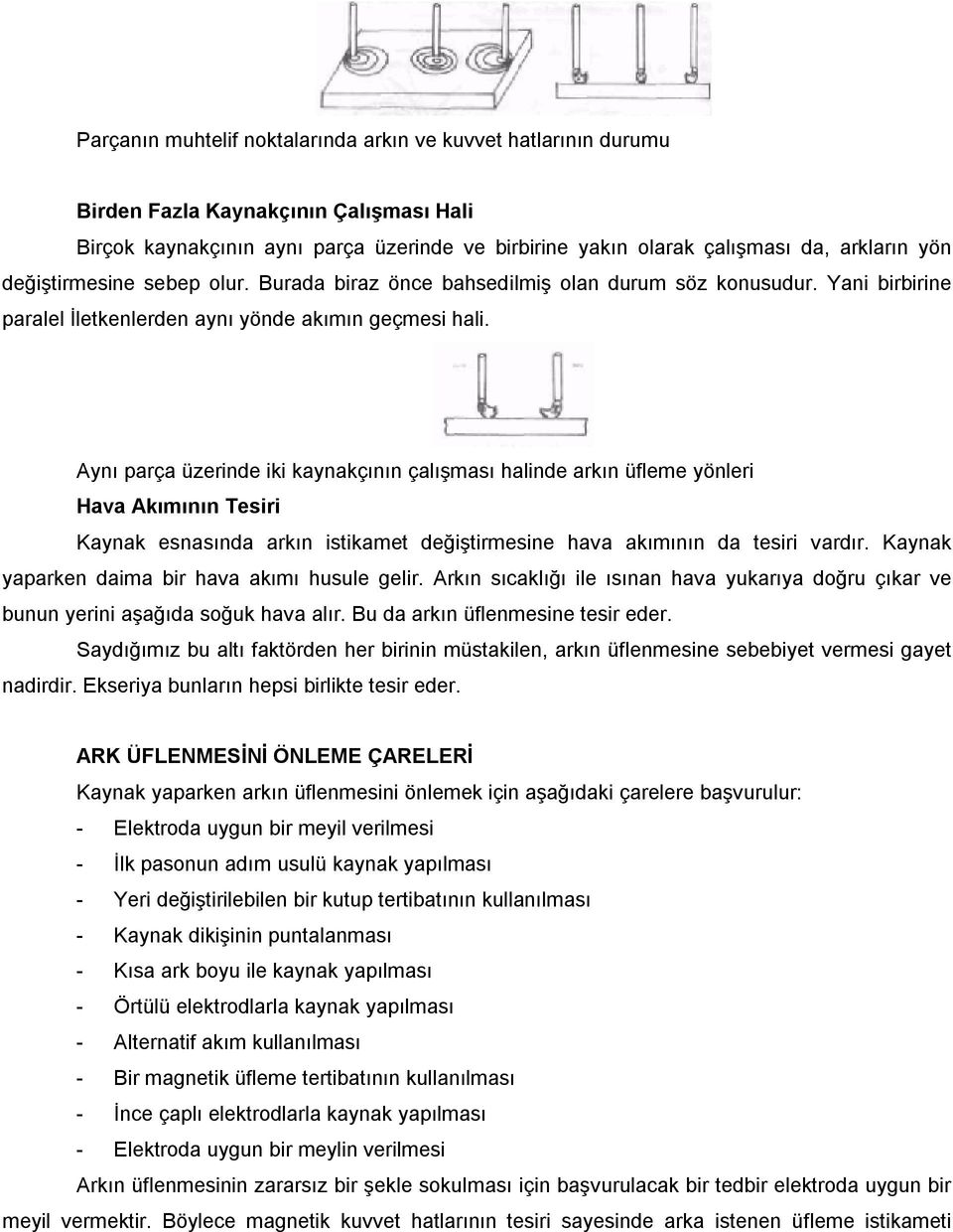 Aynı parça üzerinde iki kaynakçının çalışması halinde arkın üfleme yönleri Hava Akımının Tesiri Kaynak esnasında arkın istikamet değiştirmesine hava akımının da tesiri vardır.