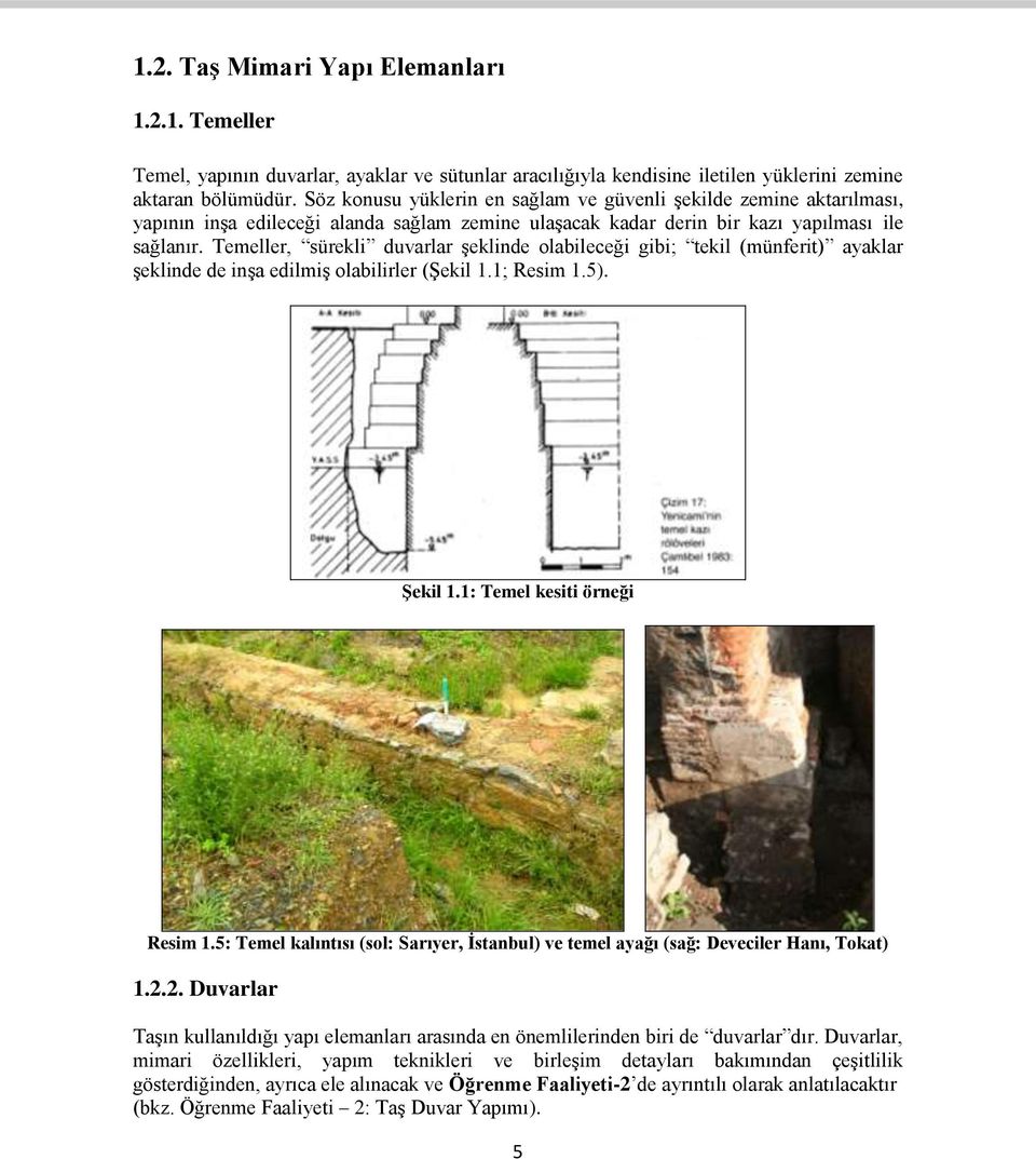 Temeller, sürekli duvarlar şeklinde olabileceği gibi; tekil (münferit) ayaklar şeklinde de inşa edilmiş olabilirler (Şekil 1.1; Resim 1.5). Şekil 1.1: Temel kesiti örneği Resim 1.