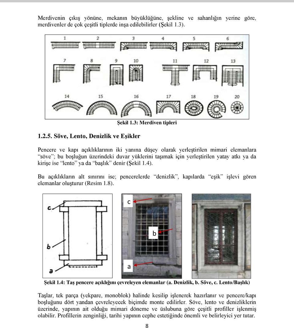 kirişe ise lento ya da başlık denir (Şekil 1.4). Bu açıklıkların alt sınırını ise; pencerelerde denizlik, kapılarda eşik işlevi gören elemanlar oluşturur (Resim 1.8). c b a Şekil 1.