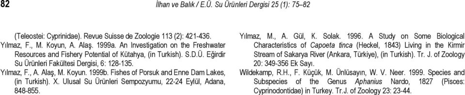 Fishes of Porsuk and Enne Dam Lakes, (in Turkish). X. Ulusal Su Ürünleri Sempozyumu, 22-24 Eylül, Adana, 848-855. Yılmaz, M., A. Gül, K. Solak. 1996.