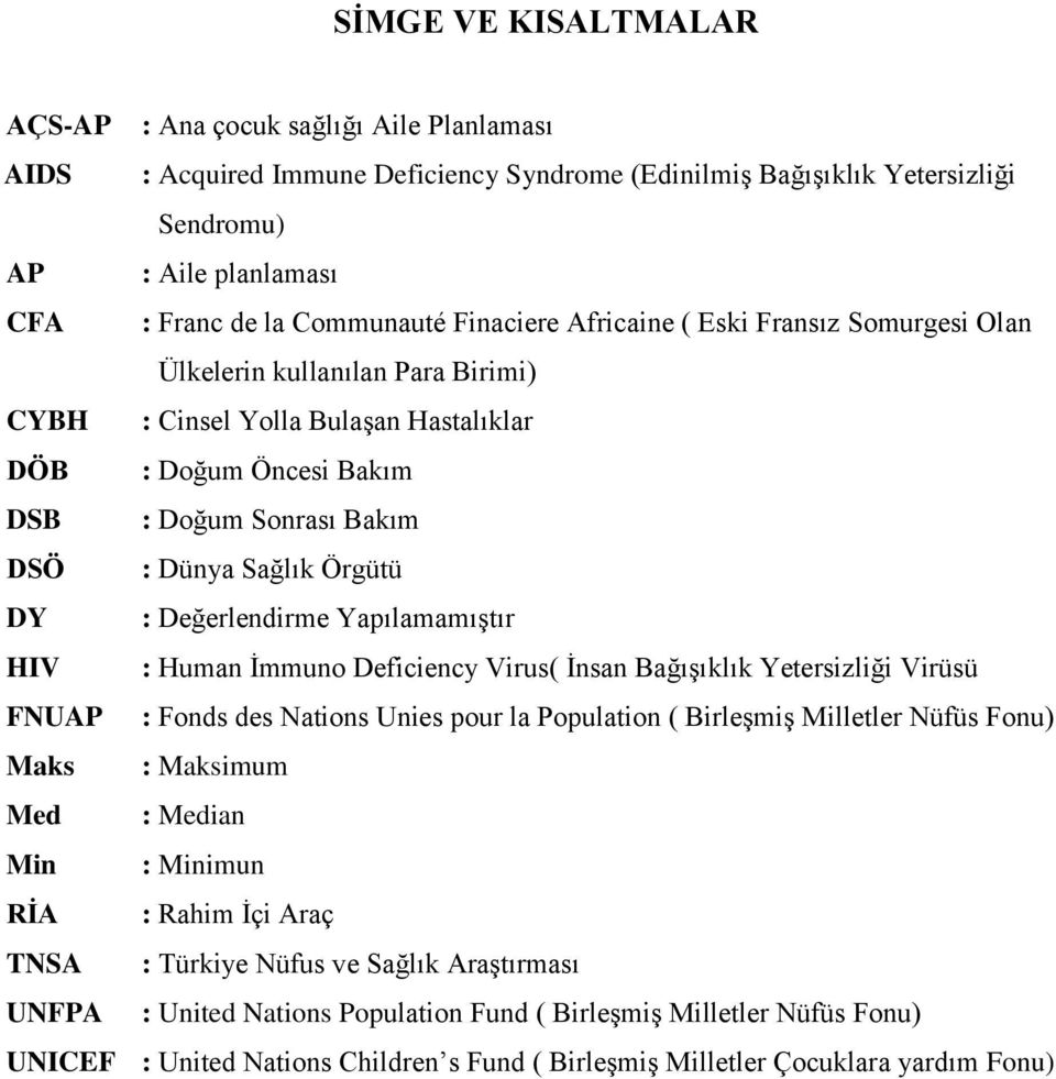 Sağlık Örgütü DY : Değerlendirme YapılamamıĢtır HIV : Human Ġmmuno Deficiency Virus( Ġnsan BağıĢıklık Yetersizliği Virüsü FNUAP : Fonds des Nations Unies pour la Population ( BirleĢmiĢ Milletler