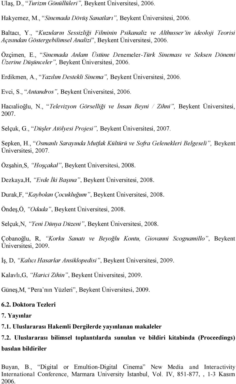 , Sinemada Anlam Üstüne Denemeler-Türk Sineması ve Seksen Dönemi Üzerine Düşünceler, Beykent Üniversitesi, 2006. Erdikmen, A., Yazılım Destekli Sinema, Beykent Üniversitesi, 2006. Evci, S.