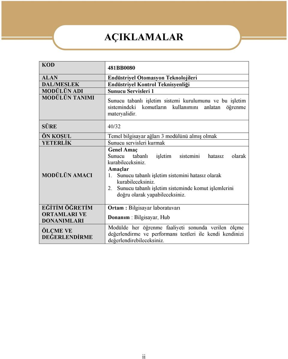 SÜRE 40/32 ÖN KOŞUL YETERLİK MODÜLÜN AMACI AÇIKLAMALAR Temel bilgisayar ağları 3 modülünü almış olmak Sunucu servisleri kurmak Genel Amaç Sunucu tabanlı işletim sistemini hatasız olarak