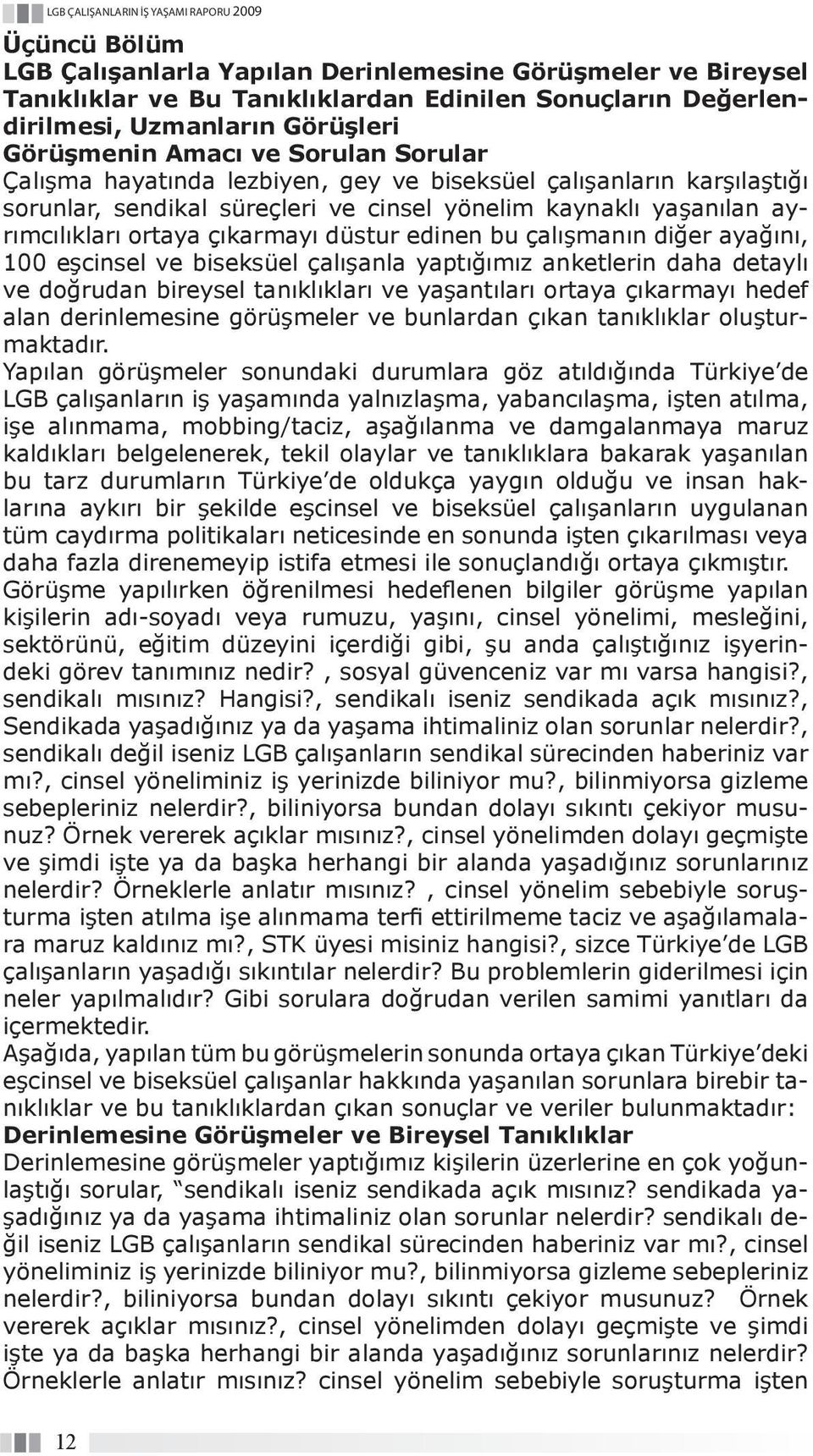 çalışmanın diğer ayağını, 100 eşcinsel ve biseksüel çalışanla yaptığımız anketlerin daha detaylı ve doğrudan bireysel tanıklıkları ve yaşantıları ortaya çıkarmayı hedef alan derinlemesine görüşmeler