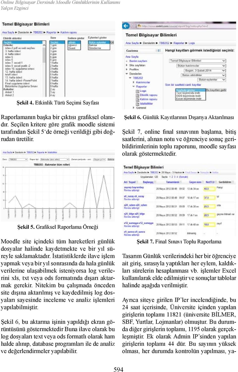 Günlük Kayıtlarının Dışarıya Aktarılması Şekil 7, online final sınavının başlama, bitiş saatlerini, alınan notu ve öğrenciye sonuç geribildirimlerinin toplu raporunu, moodle sayfası olarak