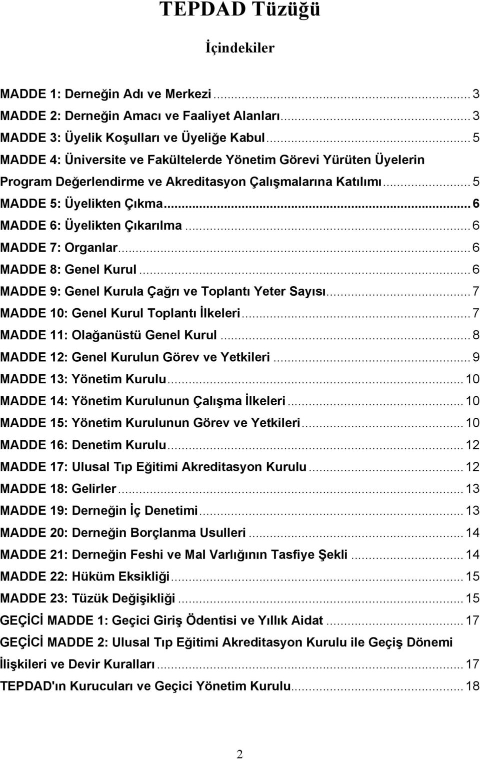 .. 6 MADDE 7: Organlar... 6 MADDE 8: Genel Kurul... 6 MADDE 9: Genel Kurula Çağrı ve Toplantı Yeter Sayısı... 7 MADDE 10: Genel Kurul Toplantı İlkeleri... 7 MADDE 11: Olağanüstü Genel Kurul.