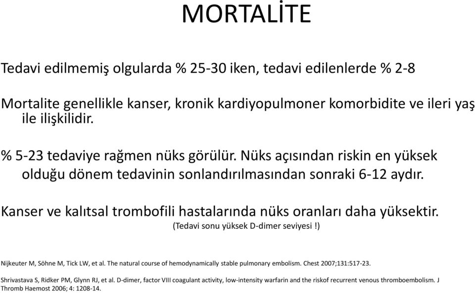 Kanser ve kalıtsal trombofili hastalarında nüks oranları daha yüksektir. (Tedavi sonu yüksek D-dimer seviyesi!) Nijkeuter M, Söhne M, Tick LW, et al.