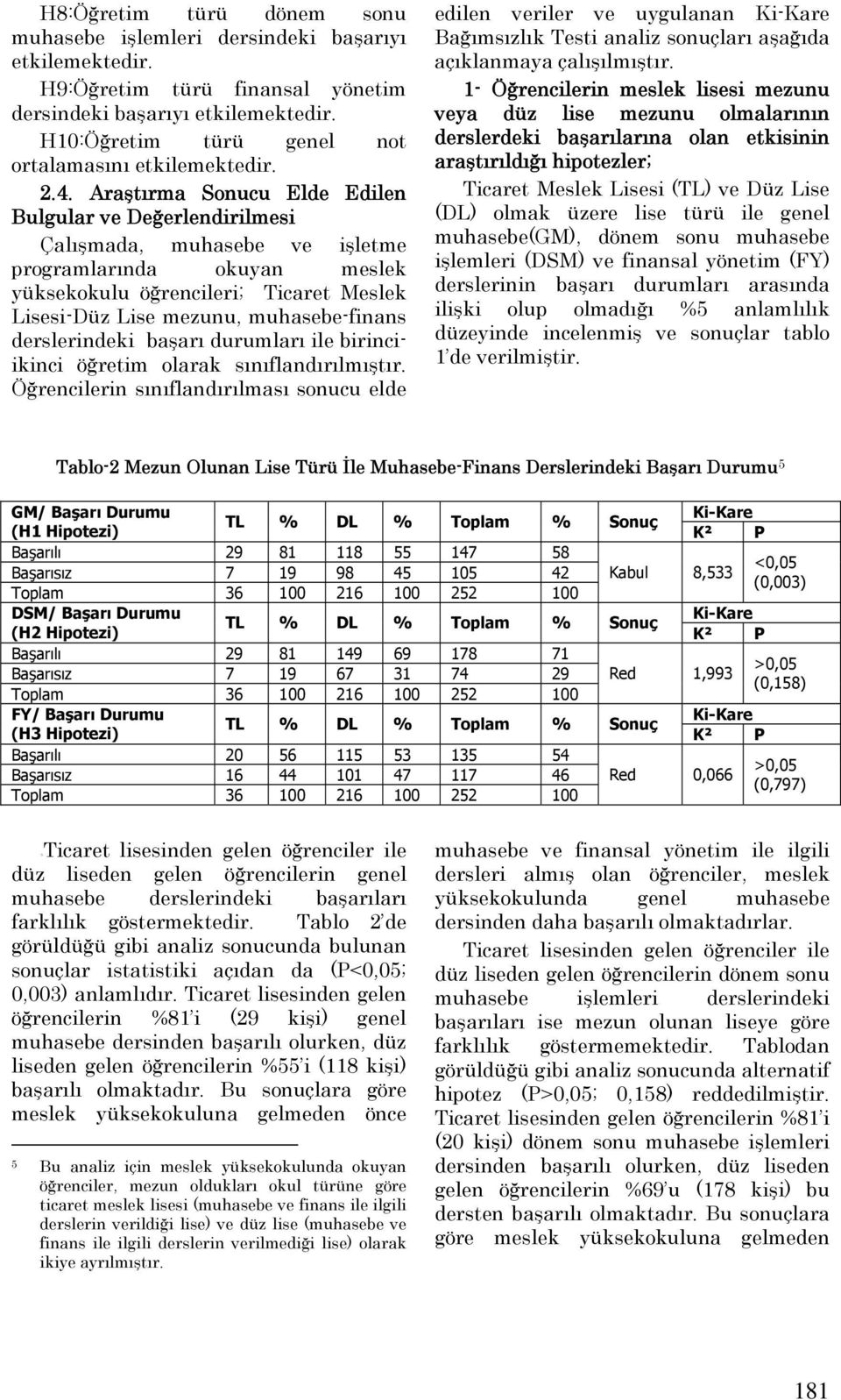 derslerindeki başarı durumları ile birinciikinci öğretim olarak sınıflandırılmıştır.