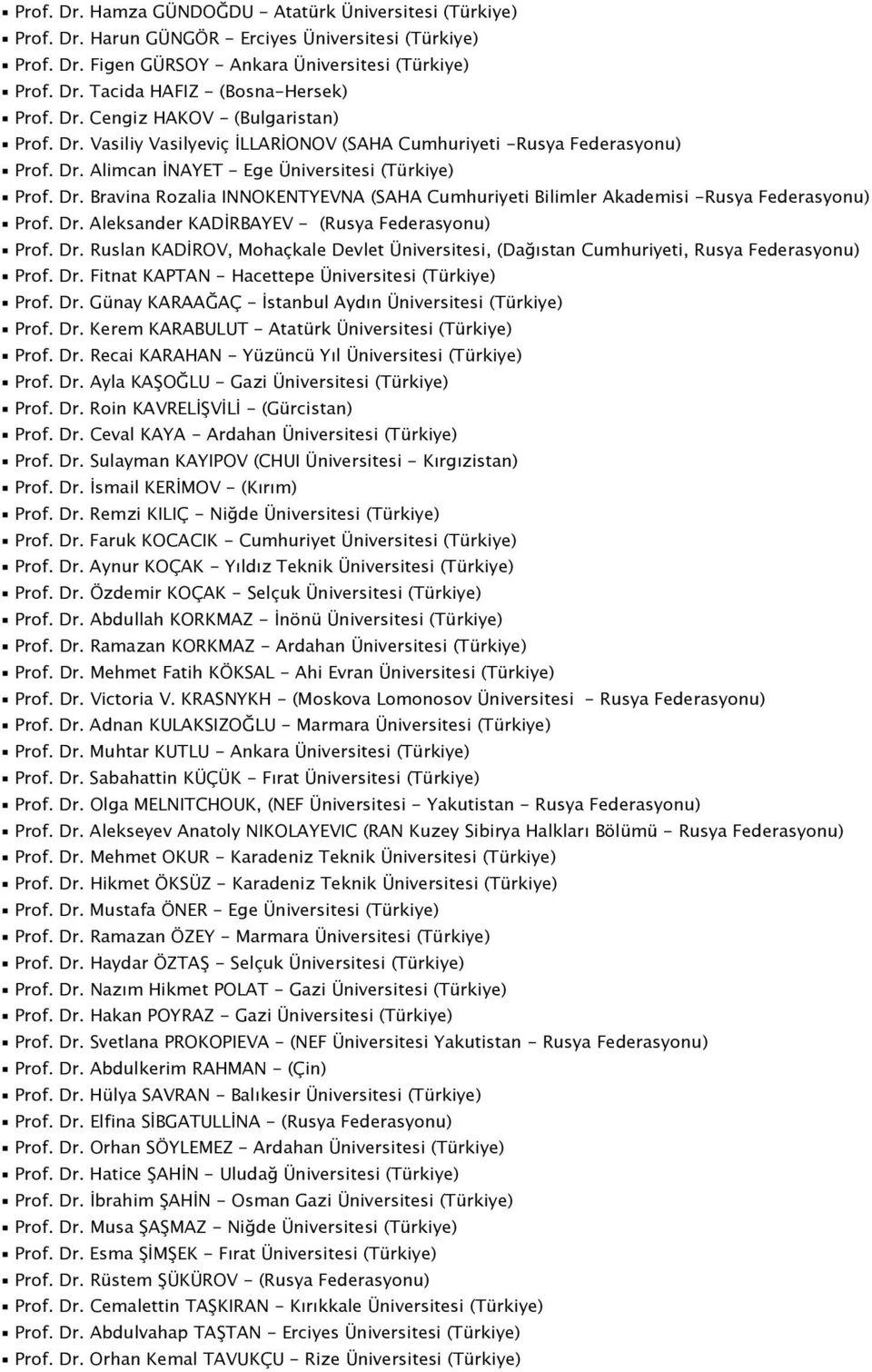 Dr. Aleksander KADİRBAYEV - (Rusya Federasyonu) Prof. Dr. Ruslan KADİROV, Mohaçkale Devlet Üniversitesi, (Dağıstan Cumhuriyeti, Rusya Federasyonu) Prof. Dr. Fitnat KAPTAN - Hacettepe Üniversitesi (Türkiye) Prof.