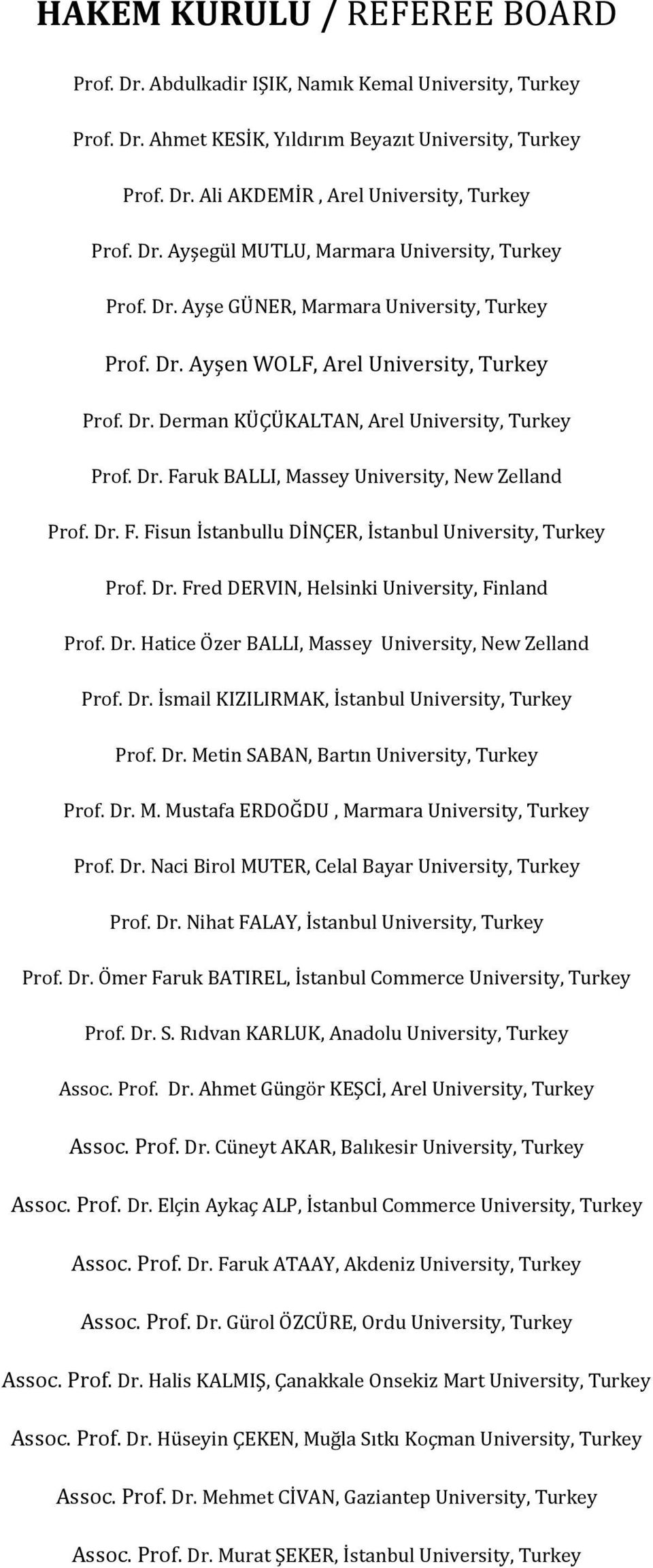 Dr. Faruk BALLI, Massey University, New Zelland Prof. Dr. F. Fisun İstanbullu DİNÇER, İstanbul University, Turkey Prof. Dr. Fred DERVIN, Helsinki University, Finland Prof. Dr. Hatice Özer BALLI, Massey University, New Zelland Prof.