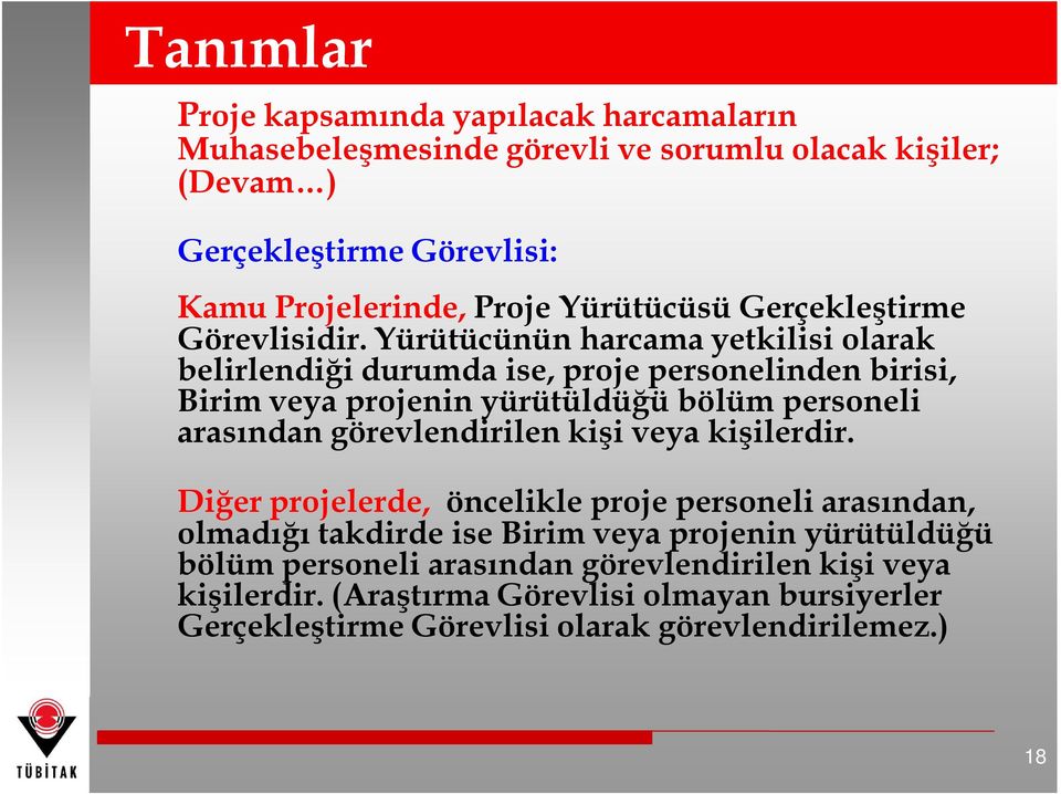 Yürütücünün harcama yetkilisi olarak belirlendiği durumda ise, proje personelinden birisi, Birim veya projenin yürütüldüğü bölüm personeli arasından görevlendirilen