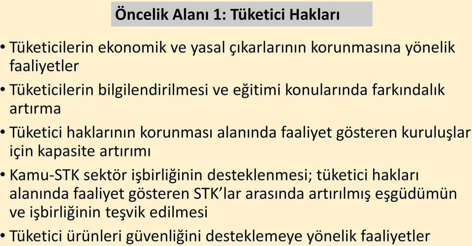 kuruluşlar için kapasite artırımı Kamu-STK sektör işbirliğinin desteklenmesi; tüketici hakları alanında faaliyet gösteren