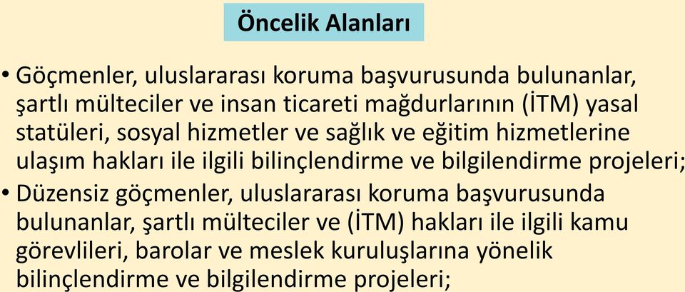 bilinçlendirme ve bilgilendirme projeleri; Düzensiz göçmenler, uluslararası koruma başvurusunda bulunanlar, şartlı