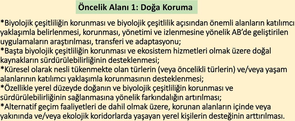 *Küresel olarak nesli tükenmekte olan türlerin (veya öncelikli türlerin) ve/veya yaşam alanlarının katılımcı yaklaşımla korunmasının desteklenmesi; *Özellikle yerel düzeyde doğanın ve biyolojik