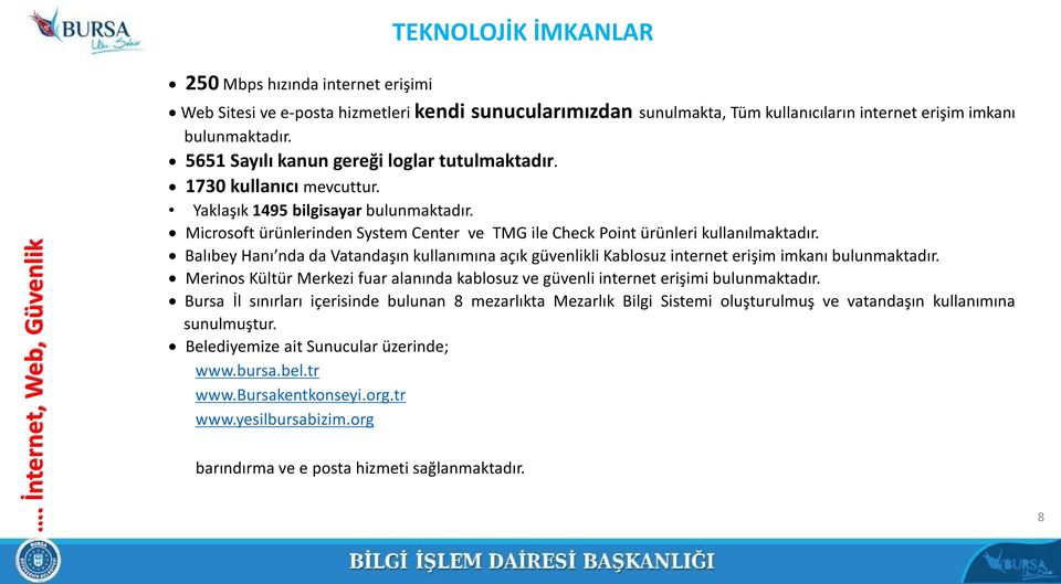 Balıbey Hanı nda da Vatandaşın kullanımına açık güvenlikli Kablosuz internet erişim imkanı bulunmaktadır. Merinos Kültür Merkezi fuar alanında kablosuz ve güvenli internet erişimi bulunmaktadır.