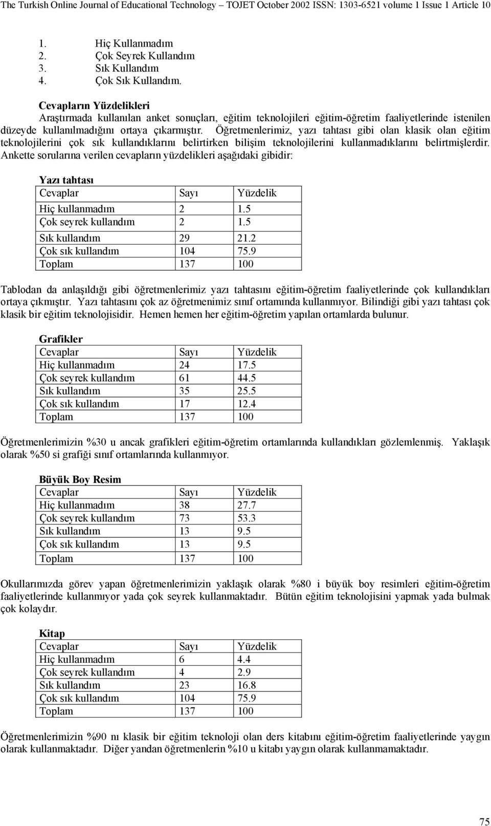 Öğretmenlerimiz, yazı tahtası gibi olan klasik olan eğitim teknolojilerini çok sık kullandıklarını belirtirken bilişim teknolojilerini kullanmadıklarını belirtmişlerdir.