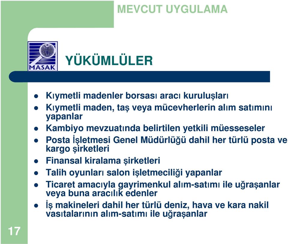 şirketleri Finansal kiralama şirketleri Talih oyunları salon işletmeciliği yapanlar Ticaret amacıyla gayrimenkul alım-satımı ile