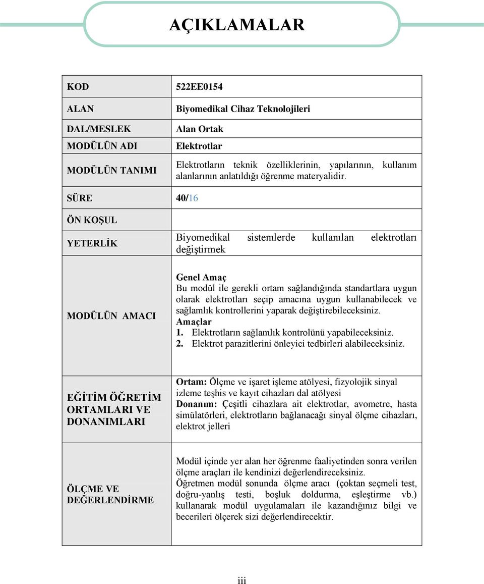 SÜRE 40/16 ÖN KOġUL YETERLĠK Biyomedikal sistemlerde kullanılan elektrotları değiģtirmek MODÜLÜN AMACI Genel Amaç Bu modül ile gerekli ortam sağlandığında standartlara uygun olarak elektrotları seçip