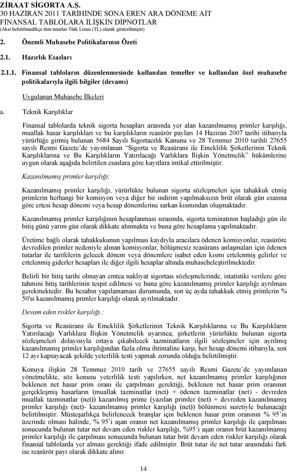 Teknik KarĢılıklar Finansal tablolarda teknik sigorta hesapları arasında yer alan kazanılmamıģ primler karģılığı, muallak hasar karģılıkları ve bu karģılıkların reasürör payları 14 Haziran 2007