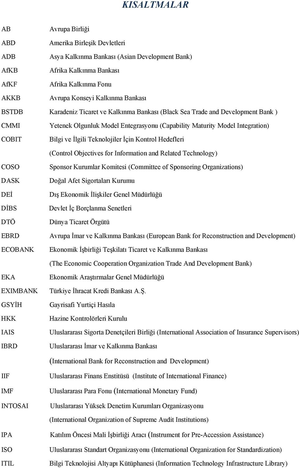 Teknolojiler İçin Kontrol Hedefleri (Control Objectives for Information and Related Technology) COSO DASK DEİ DİBS DTÖ EBRD ECOBANK Sponsor Kurumlar Komitesi (Committee of Sponsoring Organizations)