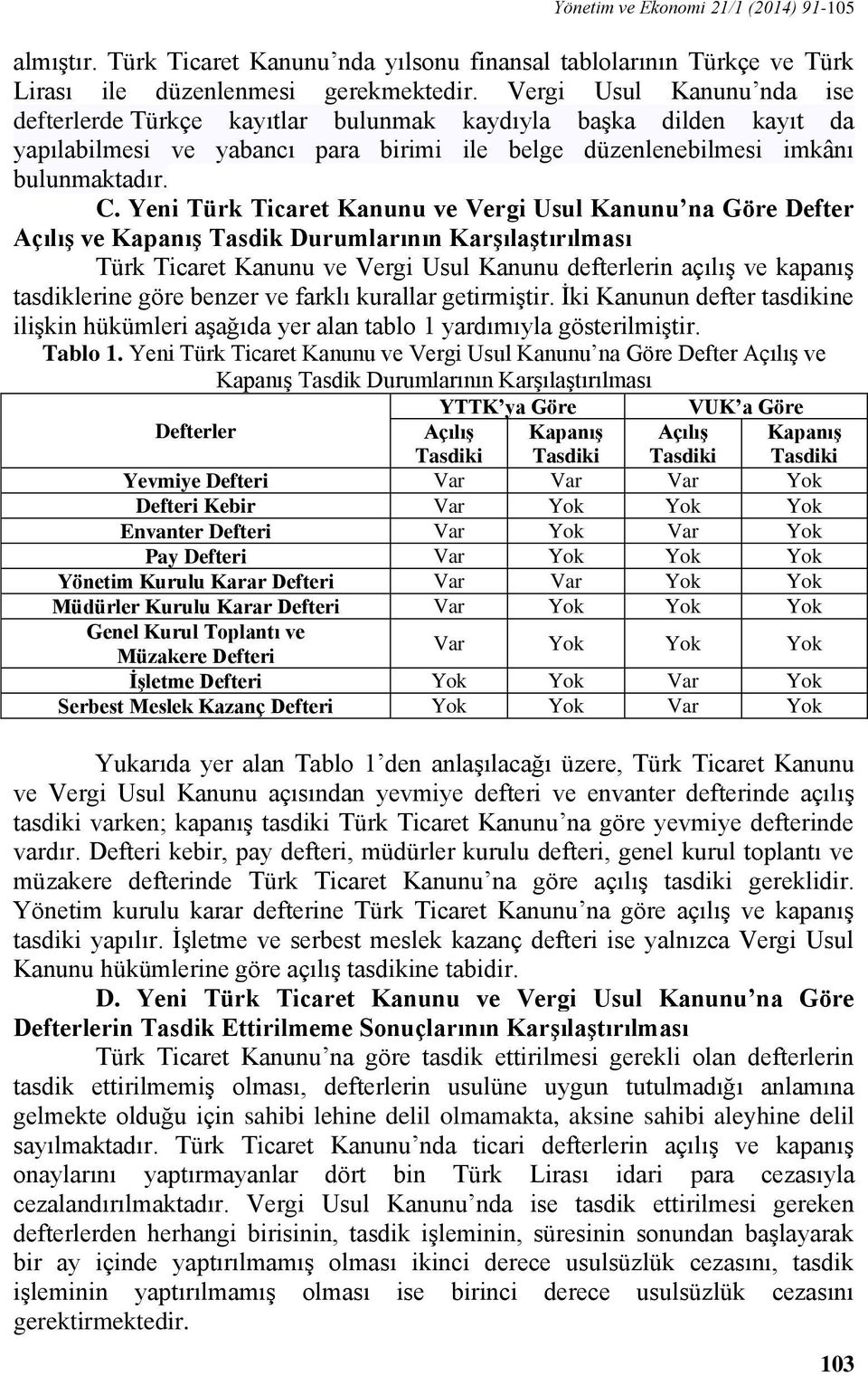 Yeni Türk Ticaret Kanunu ve Vergi Usul Kanunu na Göre Defter Açılış ve Kapanış Tasdik Durumlarının Karşılaştırılması Türk Ticaret Kanunu ve Vergi Usul Kanunu defterlerin açılış ve kapanış