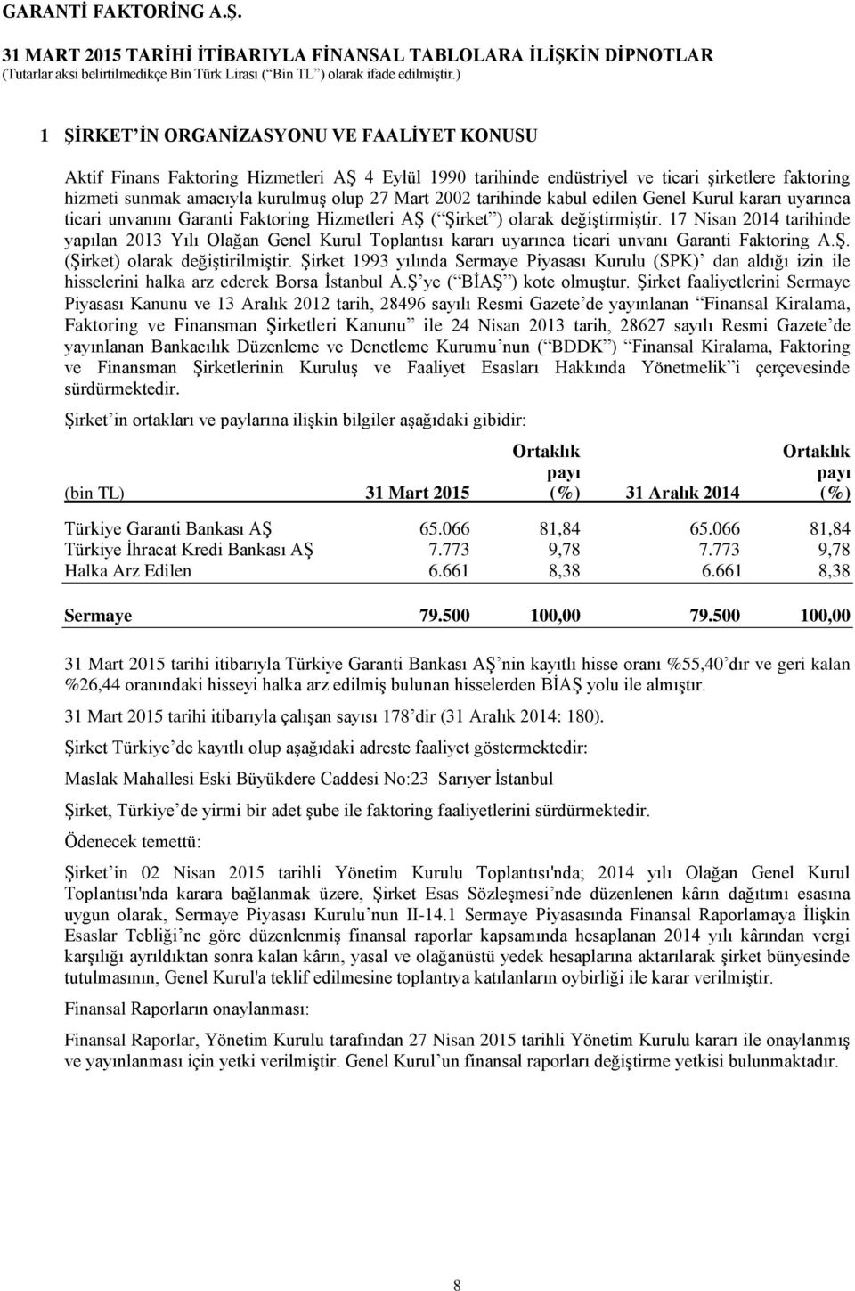 17 Nisan 2014 tarihinde yapılan 2013 Yılı Olağan Genel Kurul Toplantısı kararı uyarınca ticari unvanı Garanti Faktoring A.Ş. (Şirket) olarak değiştirilmiştir.