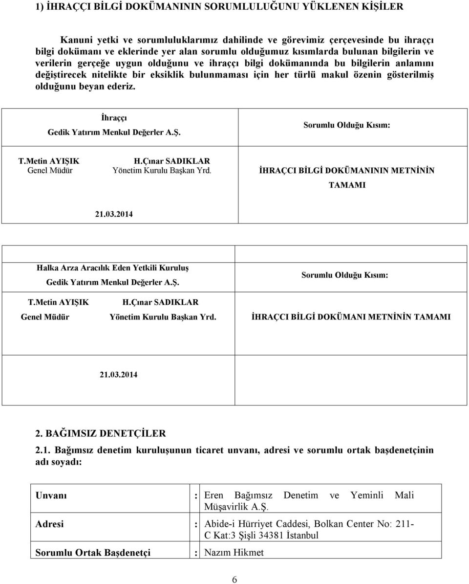 gösterilmiş olduğunu beyan ederiz. İhraççı Gedik Yatırım Menkul Değerler A.Ş. Sorumlu Olduğu Kısım: T.Metin AYIŞIK Genel Müdür H.Çınar SADIKLAR Yönetim Kurulu Başkan Yrd.