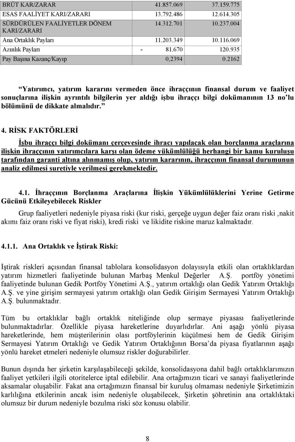 2162 Yatırımcı, yatırım kararını vermeden önce ihraççının finansal durum ve faaliyet sonuçlarına ilişkin ayrıntılı bilgilerin yer aldığı işbu ihraççı bilgi dokümanının 13 no lu bölümünü de dikkate