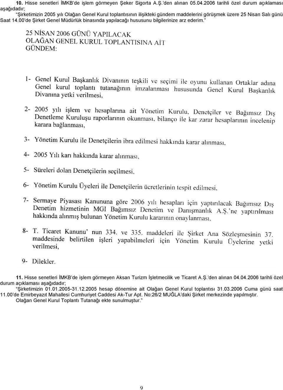 00 de Şirket Genel Müdürlük binasında yapılacağı hususunu bilgilerinize arz ederim. 11. Hisse senetleri İMKB de işlem görmeyen Aksan Turizm İşletmecilik ve Ticaret A.Ş. den alınan 04.