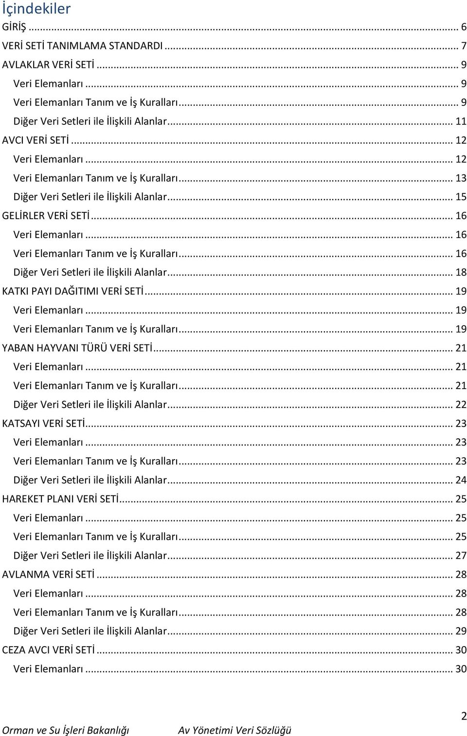 .. 16 Diğer Veri Setleri ile İlişkili Alanlar... 18 KATKI PAYI DAĞITIMI VERİ SETİ... 19 Veri Elemanları... 19 Veri Elemanları ve... 19 YABAN HAYVANI TÜRÜ VERİ SETİ... 21 Veri Elemanları.