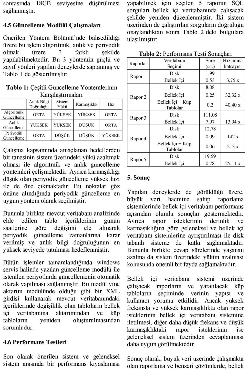 Bu 3 yöntemin güçlü ve zayıf yönleri yapılan deneylerde saptanmış ve Tablo 1 de gösterilmiştir: Tablo 1: Çeşitli Güncelleme Yöntemlerinin Karşılaştırmaları Algoritmik Güncelleme Anlık Güncelleme