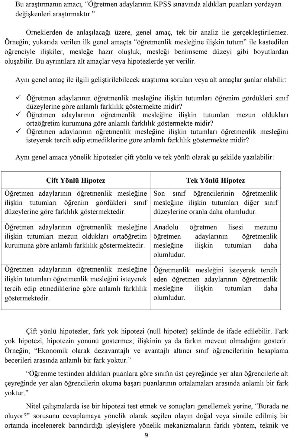 Bu ayrıntılara alt amaçlar veya hipotezlerde yer verilir.