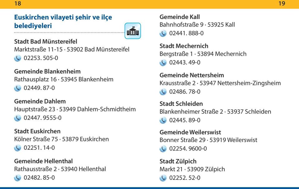 14-0 Gemeinde Hellenthal Rathausstraße 2 53940 Hellenthal 02482. 85-0 Gemeinde Kall Bahnhofstraße 9 53925 Kall 02441. 888-0 Stadt Mechernich Bergstraße 1 53894 Mechernich 02443.