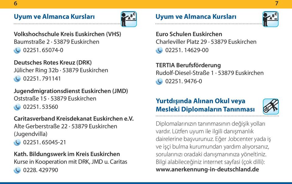 65045-21 Kath. Bildungswerk im Kreis Euskirchen Kurse in Kooperation mit DRK, JMD u. Caritas 0228. 429790 Uyum ve Almanca Kursları Euro Schulen Euskirchen Charleviller Platz 29 53879 Euskirchen 02251.