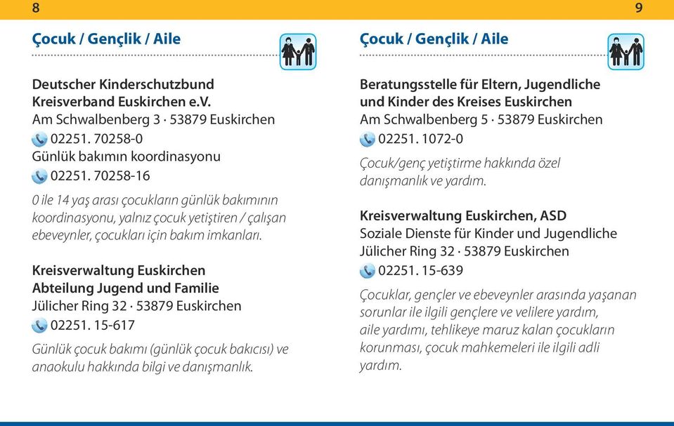 Kreisverwaltung Euskirchen Abteilung Jugend und Familie Jülicher Ring 32 53879 Euskirchen 02251. 15-617 Günlük çocuk bakımı (günlük çocuk bakıcısı) ve anaokulu hakkında bilgi ve danışmanlık.