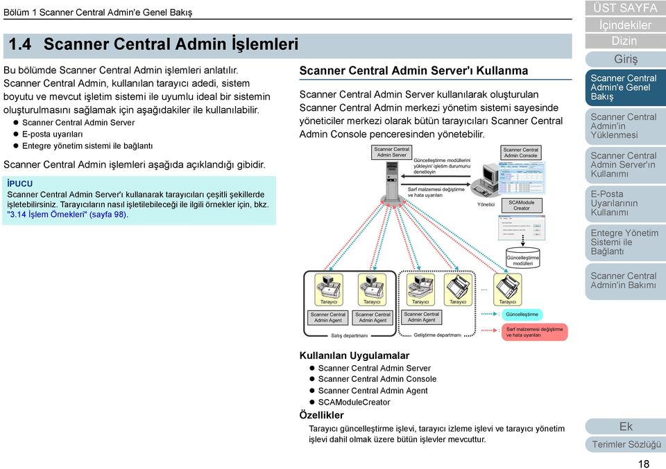 Admin Server E-posta uyarıları Entegre yönetim sistemi ile bağlantı Admin işlemleri aşağıda açıklandığı gibidir. İPUCU Admin Server'ı kullanarak tarayıcıları çeşitli şekillerde işletebilirsiniz.