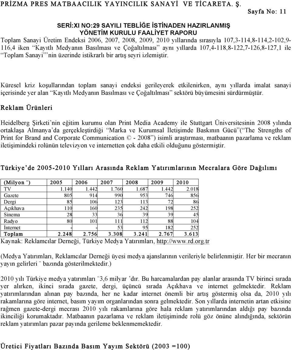 Küresel kriz koşullarından toplam sanayi endeksi gerileyerek etkilenirken, aynı yıllarda imalat sanayi içerisinde yer alan Kayıtlı Medyanın Basılması ve Çoğaltılması sektörü büyümesini sürdürmüştür.