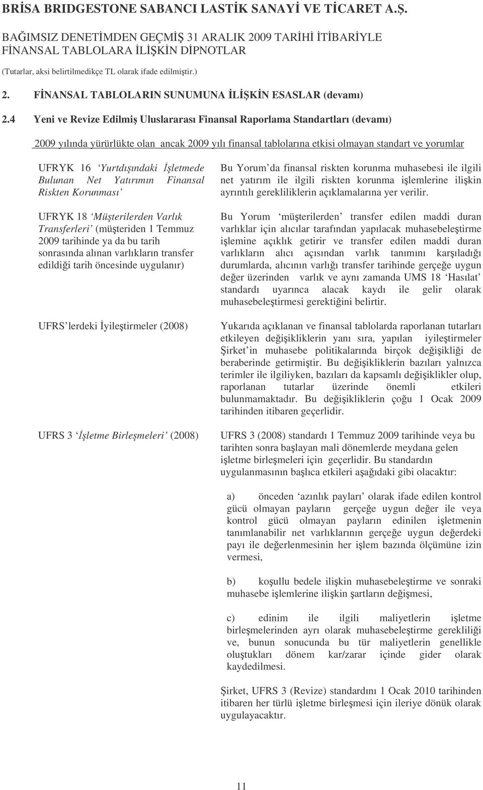 Yurtdıındaki letmede Bulunan Net Yatırımın Finansal Riskten Korunması UFRYK 18 Müterilerden Varlık Transferleri (müteriden 1 Temmuz 2009 tarihinde ya da bu tarih sonrasında alınan varlıkların