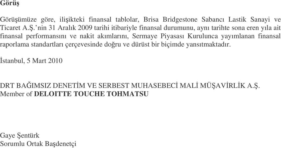 Sermaye Piyasası Kurulunca yayımlanan finansal raporlama standartları çerçevesinde doru ve dürüst bir biçimde yansıtmaktadır.