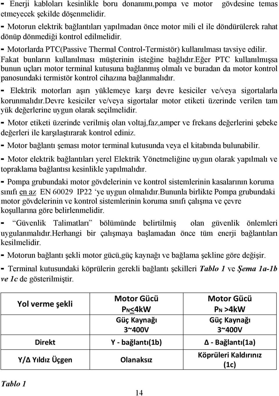 - Motorlarda PTC(Passive Thermal Control-Termistör) kullanılması tavsiye edilir. Fakat bunların kullanılması müşterinin isteğine bağlıdır.