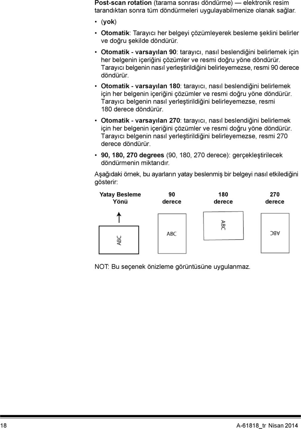 Otomatik - varsayılan 90: tarayıcı, nasıl beslendiğini belirlemek için her belgenin içeriğini çözümler ve resmi doğru yöne döndürür.