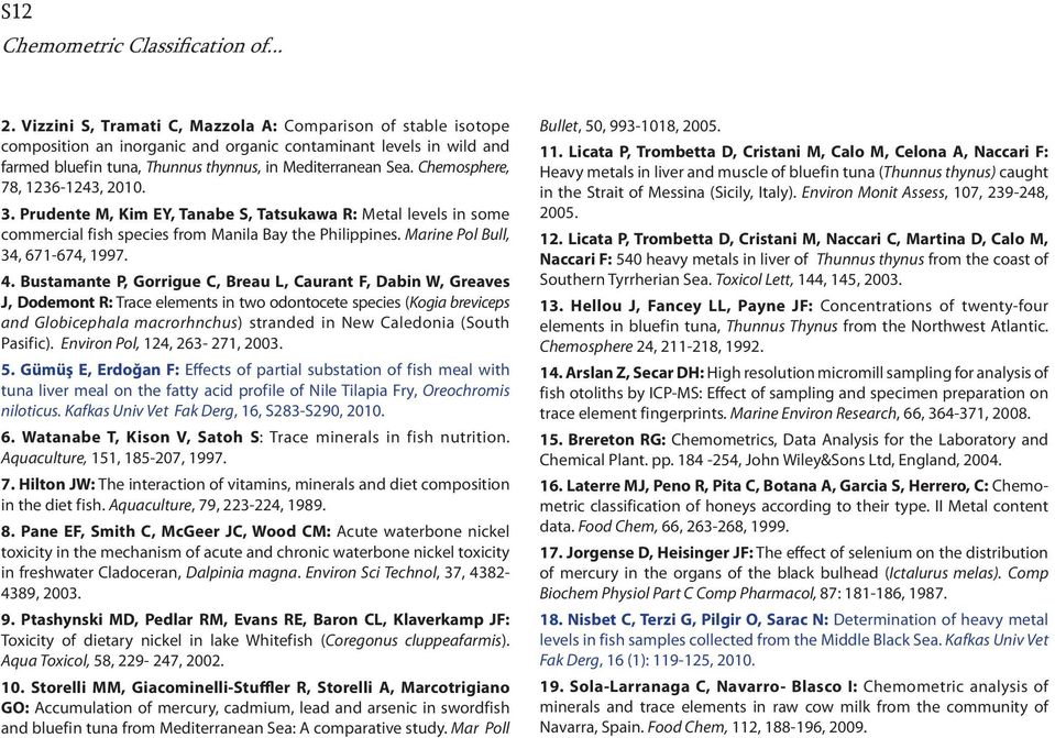 Chemosphere, 78, 1236-1243, 2010. 3. Prudente M, Kim EY, Tanabe S, Tatsukawa R: Metal levels in some commercial fish species from Manila Bay the Philippines. Marine Pol Bull, 34, 671-674, 1997. 4.