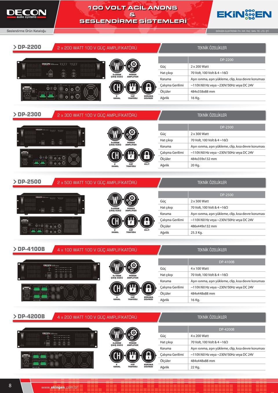 DP-300 x 300 ATT 100 V GÜÇ AMPLİFİKATÖRÜ x300 POER DP-300 x 300 att Hat çıkışı 70 Volt, 100 Volt & 4 ~16Ω Koruma Aşırı ısınma, aşırı yükleme, clip, kısa devre koruması Çalışma Gerilimi ~110V/60 Hz