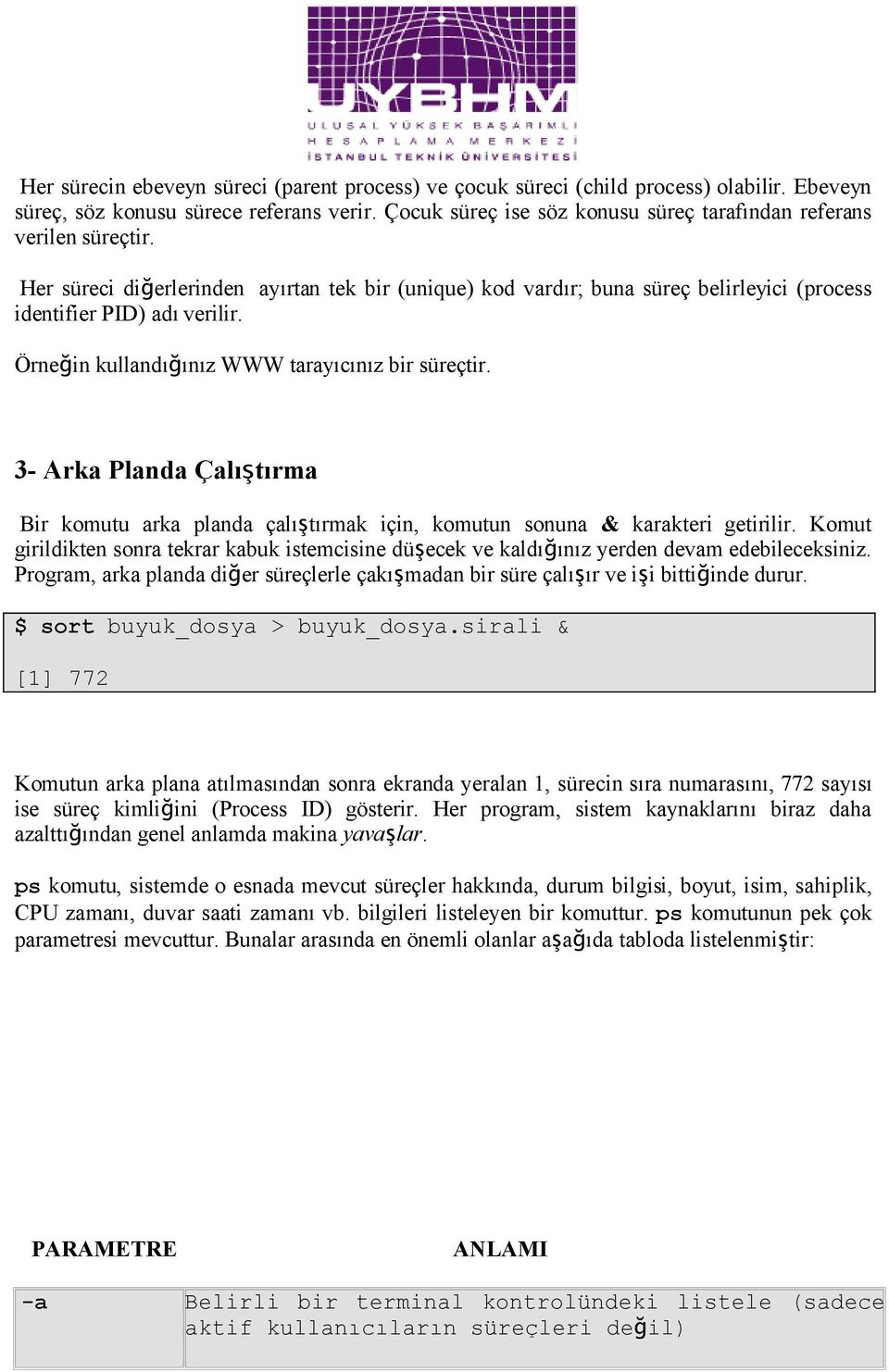 Örneğin kullandığ ınız WWW tarayıcınız bir süreçtir. 3- Arka Planda Çalıştırma Bir komutu arka planda çalış tırmak için, komutun sonuna & karakteri getirilir.