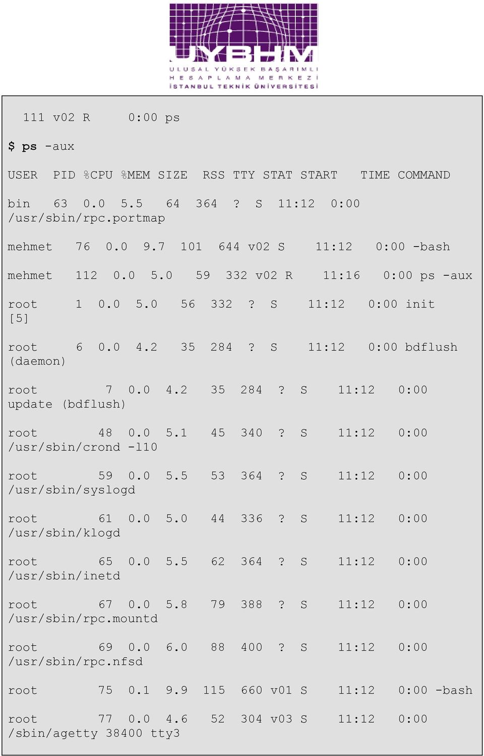 0 5.1 45 340? S 11:12 0:00 /usr/sbin/crond -l10 root 59 0.0 5.5 53 364? S 11:12 0:00 /usr/sbin/syslogd root 61 0.0 5.0 44 336? S 11:12 0:00 /usr/sbin/klogd root 65 0.0 5.5 62 364?