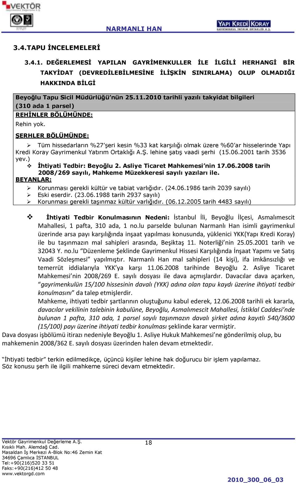 2010 tarihli yazılı takyidat bilgileri (310 ada 1 parsel) REHĠNLER BÖLÜMÜNDE: Rehin yok.