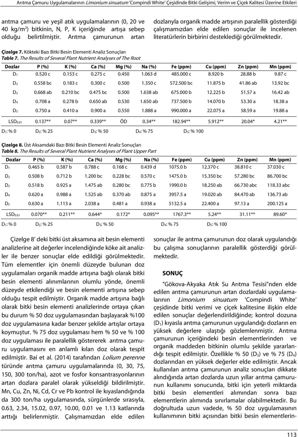 Arıtma çamurunun artan dozlarıyla organik madde artışının paralellik gösterdiği çalışmamızdan elde edilen sonuçlar ile incelenen literatürlerin birbirini desteklediği görülmektedir. Çizelge 7.