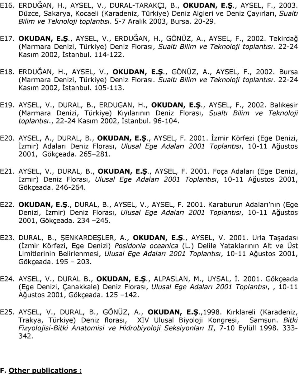 22-24 Kasım 2002, İstanbul. 114-122. E18. ERDUĞAN, H., AYSEL, V., OKUDAN, E.Ş., GÖNÜZ, A., AYSEL, F., 2002. Bursa (Marmara Denizi, Türkiye) Deniz Florası. Sualtı Bilim ve Teknoloji toplantısı.