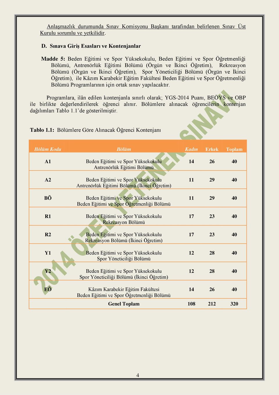 (Örgün ve İkinci Öğretim), Spor Yöneticiliği Bölümü (Örgün ve İkinci Öğretim), ile Kâzım Karabekir Eğitim Fakültesi Beden Eğitimi ve Spor Öğretmenliği Bölümü Programlarının için ortak sınav