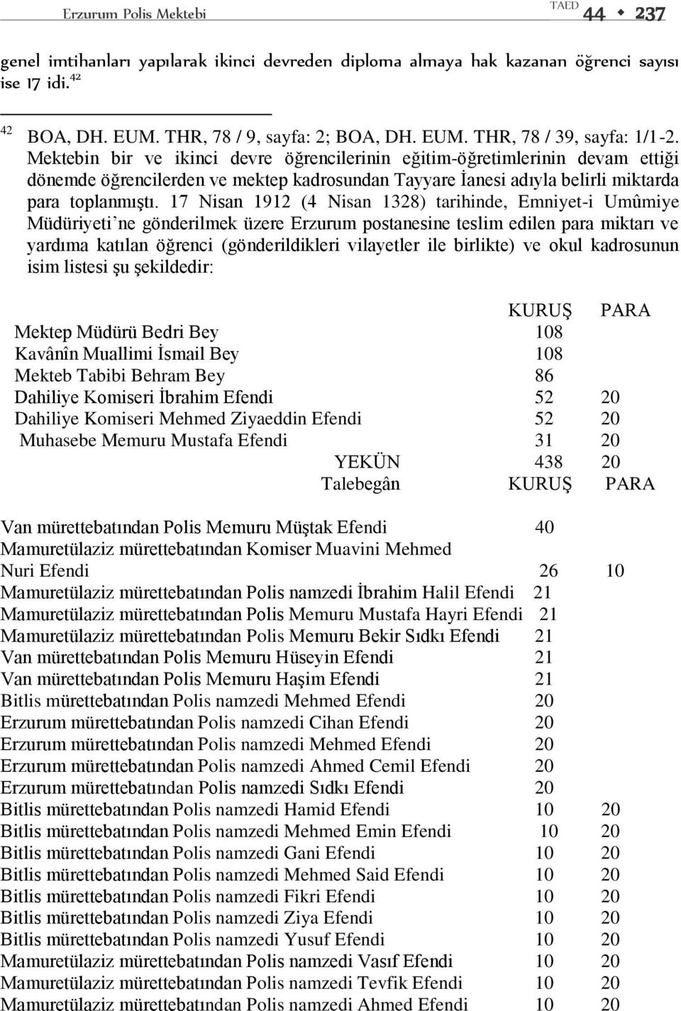 17 Nisan 1912 (4 Nisan 1328) tarihinde, Emniyet-i Umûmiye Müdüriyeti ne gönderilmek üzere Erzurum postanesine teslim edilen para miktarı ve yardıma katılan öğrenci (gönderildikleri vilayetler ile